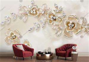 قیمت پوستر دیواری پوستر دیواری گل طلایی نگین دار با زمینه بژ