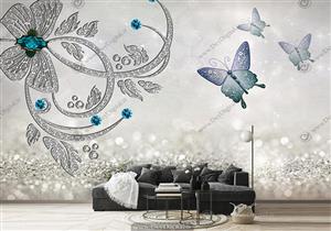 پوستر دیواری گل سه بعدی نگین دار با سنگ های زمردی BA-4006