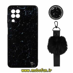 قاب گوشی Galaxy A22 4G - Galaxy M32 4G سامسونگ طرح ماربل محافظ لنز دار به همراه بند پام پام و پاپ سوکت الماسی مشکی کد 330