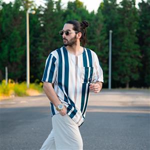 تیشرت مردانه یقه کوبایی کرم کد 9155