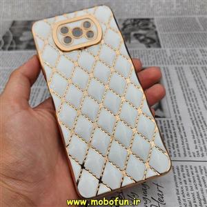 قاب گوشی Poco X3 NFC - Poco X3 Pro پوکو شیائومی طرح ژله ای پافر لوزی گلد لاین دور طلایی محافظ لنز دار سفید کد 1012
