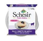 دسر میوه ای گربه شسیر با طعم ماهی تن، مرغ و بلوبری (Schesir petit delice blueberry) 80 گرم 