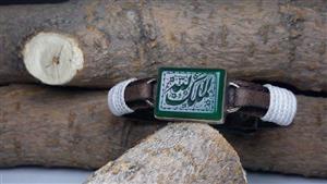 دستبند چرمی مردانه عقیق سبز خطی کد 432