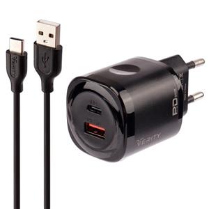 شارژر دیواری فست شارژ Verity AP-2125 2Port 3A QC3.0 PD 20W + کابل تایپ سی