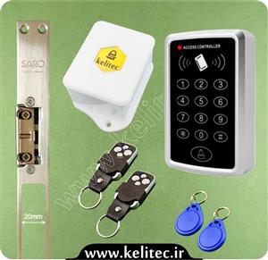 پکیج اکسس کنترل رمز، کارت و ریموت درب ضدسرقت = قفل برقی سارو اسپانیا + اکسس کنترل T11 + رسیور قفل برقی + ریموت + تگ 