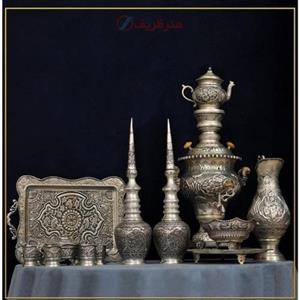 سرویس سماور برنجی 5 لیتری روکش نقره طرح اسلیمی اثر استاد هرندی