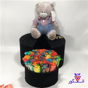باکس گل سورپرایزی رز هفت رنگ با عروسک