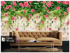 پوستر دیواری طرح دیوار آجری با گلهای صورتی