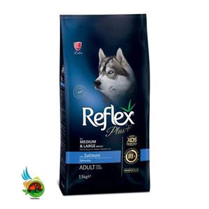 غذای خشک سگ بالغ رفلکس پلاس سگ نژاد متوسط و بزرگ با سالمون Reflex plus adult dog food for medium & large with salmon وزن ۱۵ کیلوگرم