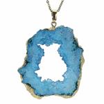 گردنبند ژئود کوارتز آبی بلور معدنی سنگ درمانی بسیار زیبا و خوشرنگ همراه با زنجیر استیل ضد حساسیت یا بند چرم