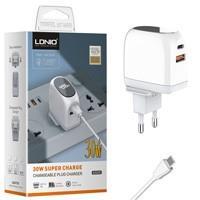 آداپتور شارژ ۲پورت با کابل دوسر Type C LCDدار LDNIO A2522C QC3.0 PD