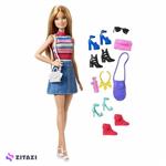 عروسک باربی با لباس های رنگی مدل Barbie Doll with Colorful Stripes and Jeans Skirt