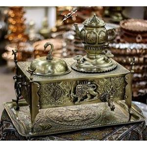 منقل سماوری برنجی قلمزنی گل و مرغ سیاه قلم، آنتیک شده