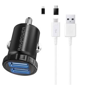 شارژر فندکی راو پاور مدل Brisk به همراه کابل تبدیل microUSB / لایتنینگ / USB-C