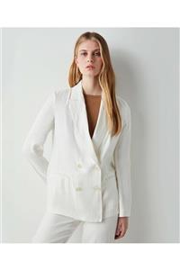 کت سفید یقه انگلیسی جیب دار دکمه ای آستین بلند زنانه ایپکیول IpekYol (ساخت ترکیه) 