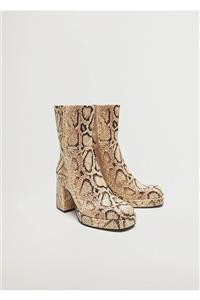 بوت چرم بژ طرح پوست ماری مدل زیپ دار پاشنه بلند زنانه مانگو MANGO (ساخت اسپانیا)