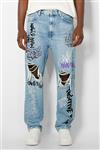 شلوار جین آبی جیب دار زیپ دار مدل گشاد طرح چاپی و زاپ دار مردانه برشکا Bershka (ساخت اسپانیا)