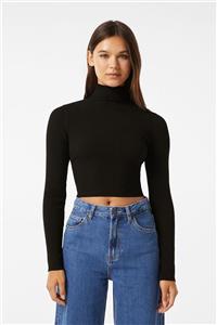 بلوز کشی یقه اسکی کراپ رنگ مشکی برشکا Bershka (ساخت اسپانیا)