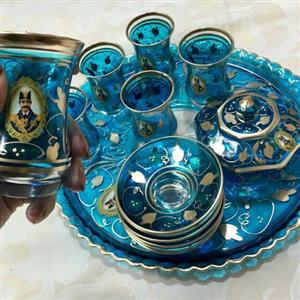 چایخوری قجری آبگینه رنگ فیروزه ای