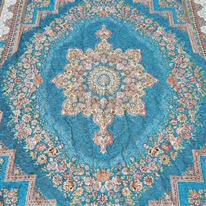 روفرشی 6 متری مخمل زرکدار طرح زیبای باغ بهشت رنگ سبزآبی فیروزه ای