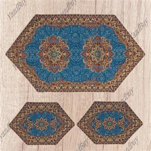 رومیزی ترمه ست 3 تکه طرح نسترن رنگ آبی با کیفیت عالی