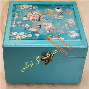 جعبه(باکس) مکعب فیروزه ای مدل پرنده و گلستان چوبینه پتینه شده