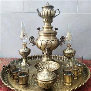 سماور3لیتر ذغالی (ست13تکه)مدل قل پیچ رنگ  آنتیک نانو شده