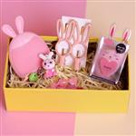 پک هدیه خرگوش صورتی (فیس‌براش و بیوتی بلندر و گیره‌سر و سرکلیدی و شکلات و باکس)
