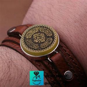 دستبند چرم طبیعی گاوی عقیق زرد اصل ( یا حسین )