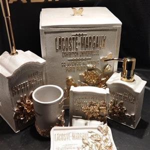 اکسسوری و ست سرویس بهداشتی مدل پاریس آذین ست/ رنگ کرم صدفی با طلایی / جنس رزین درجه یک