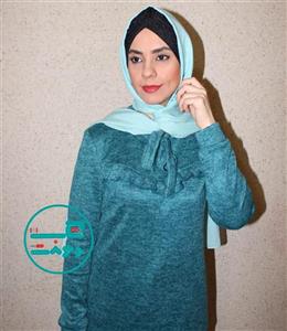 بلوز زنانه یقه کرواتی آستین بلند رنگ آبی اقیانوسی سایز مدیوم 