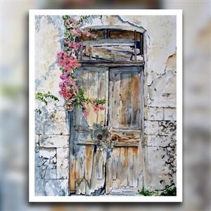 نقاشی آبرنگ طرح در خانه باغ قدیم