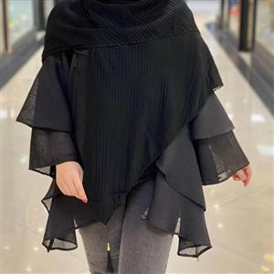 روسری پلیسه کرپ حریر مشکی منگوله دارقواره 140  زنانه