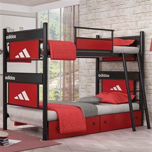تخت خواب دو طبقه چوب و فلز فرفوژه مدل آدیداس با کشو بدون تشک