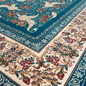 فرش 700 شانه اصلی تراکم 2550 طرح درباری آبی، 12متری، وزن 40 کیلوگرم.