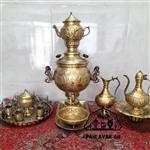 سماورذغالی6لیتر(ست15تکه) جنس برنج مدل شیر وخورشید رنگ آنتیک