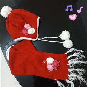 شال و کلاه بافتنی خارجی دخترانه قرمز 3 تا 7 سال