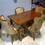 میز و صندلی غذاخوری چوبی چوب روس 4 نفره روکش صندلی پارچه_ مدل《نانسی》دستساز گالری اکسین(تولید و پخش انواع میز و صندلی)