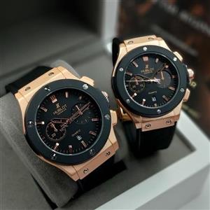 ساعت ست زنانه مردانه هابلوت بند رابر مشکی بدنه طلایی با کیفیت+ hublot