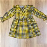 پیراهن دخترانه پاییزه چهارخونه رنگ زرد  یقه ب ب چین چین مناسب 1 تا 4 سال