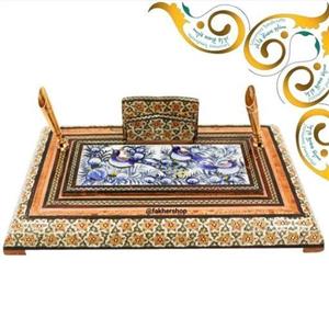 جا قلمی دوتایی متوسط خاتم کاری (طرح گل و مرغ آبی)