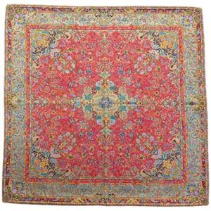 رومیزی مربع ترمه ابریشم کد TRM162 نفیس رنگ قرمز مات آستر زرشکی مغزی دوزی