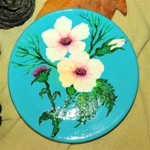 بشقاب دیوارکوب گل صورتی زمینه فیروزه ای 15 سانت رنگ ضد آب