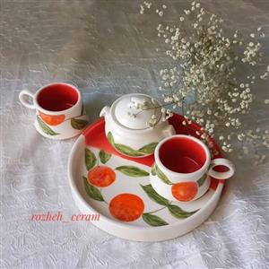 ست چای خوری دو نفره سرامیکی دست ساز طرح پرتقال