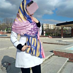 شال  پاییزی- رنگ آبی صورتی فانتزی با ترکیب طلایی و یاسی - پارچه نخی جناغی با کیفیت- دو متری- برند شیدی