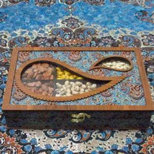 جعبه دمنوش مستطیل ام دی اف قهوه ای روشن 6 قسمتی طرح بته جقه