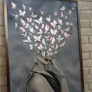 تابلو نقاشی رنگ روغن پروانه های برجسته و کار شده با ورق نقره