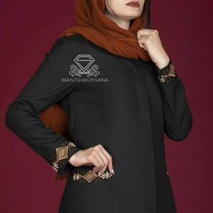 مانتو شلوار نوک مدادی و مشکی نخی دکمه دار گلدوزی شده صبا با 