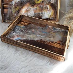 سینی چوبی پذیرایی رزینی طرح سلولی طول 31 عرض 22 چوبها پازلی