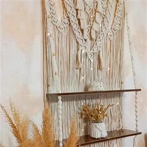 شلف دوطبقه ای تزئینی مکرومه ،ابعاد70 در120، دارای دوتکه تخته ام دی افبه ابعاد70*20